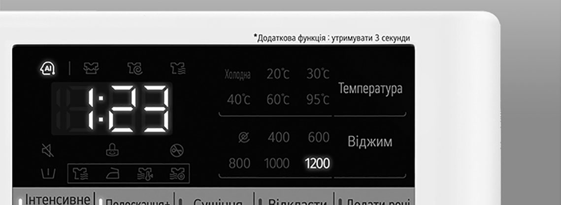 Це збільшене зображення панелі пральної машини, щоб добре було видно дисплей.