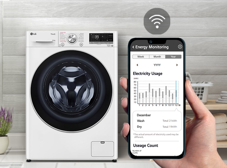 Пральна машина стоїть у пральні. Рука, яка тримає телефон, показує екран камері, а на екрані відображається інформація про технічне обслуговування та споживання енергії з символом WiFi над екраном.