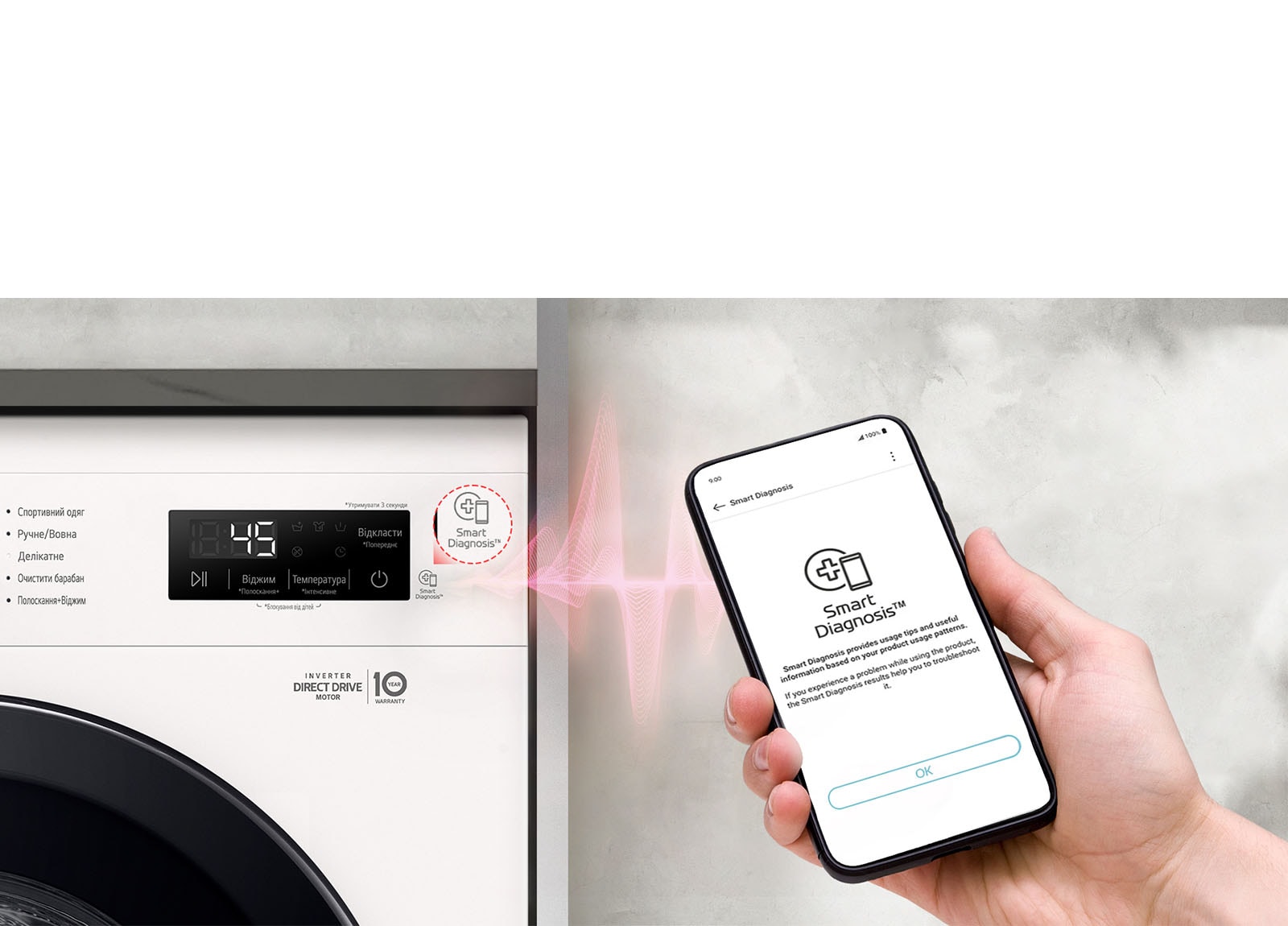 Smart Diagnostics™ дозволяє перевірити наявність проблем з пральною машиною за допомогою смартфону