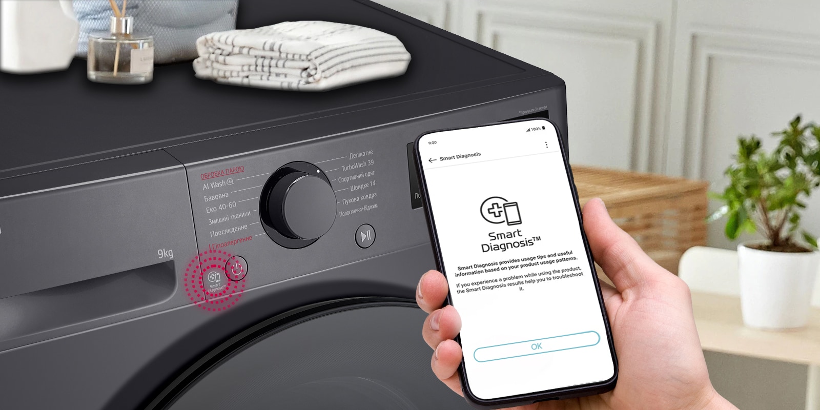 Поруч із пральною машиною розміщено табличку з рейтингом енергоефективності A та графік енергоспоживання. Позаду пральної машини з’являється зелена стрілка вгору.