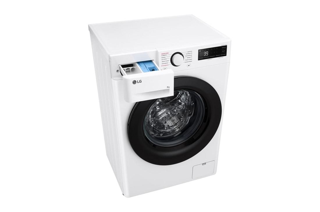 LG Вузька пральна машина | AI DD™ | TurboWash™ 360˚ | 8 кг, Спереду зліва в перспективі зверху з відкритим лотком, F2Y5PS6W, thumbnail 8