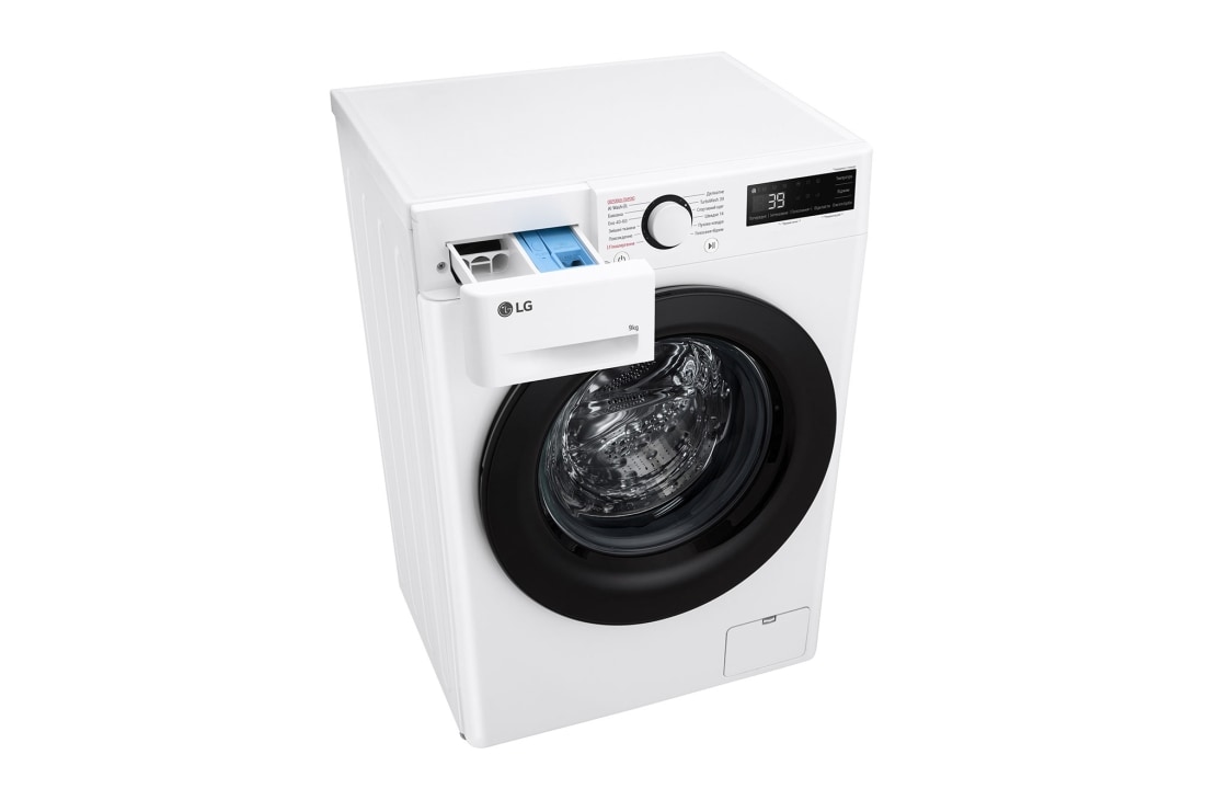 LG Вузька пральна машина | AI DD™ | TurboWash™ 360˚ | 9 кг, Спереду зліва в перспективі зверху з відкритим лотком, F2Y5FS6W, thumbnail 8