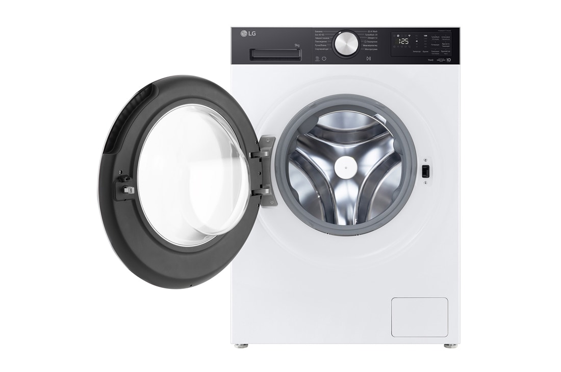 LG Вузька пральна машина на  9 кг з AI DD™, Turbowash™ 360 (2026), Зображено пральну машину спереду з відкритими дверцятами, F2X5FS2WB, thumbnail 3