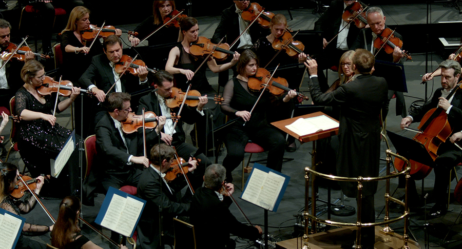 The conductor directs in front of the string instrument section of the orchestra.
