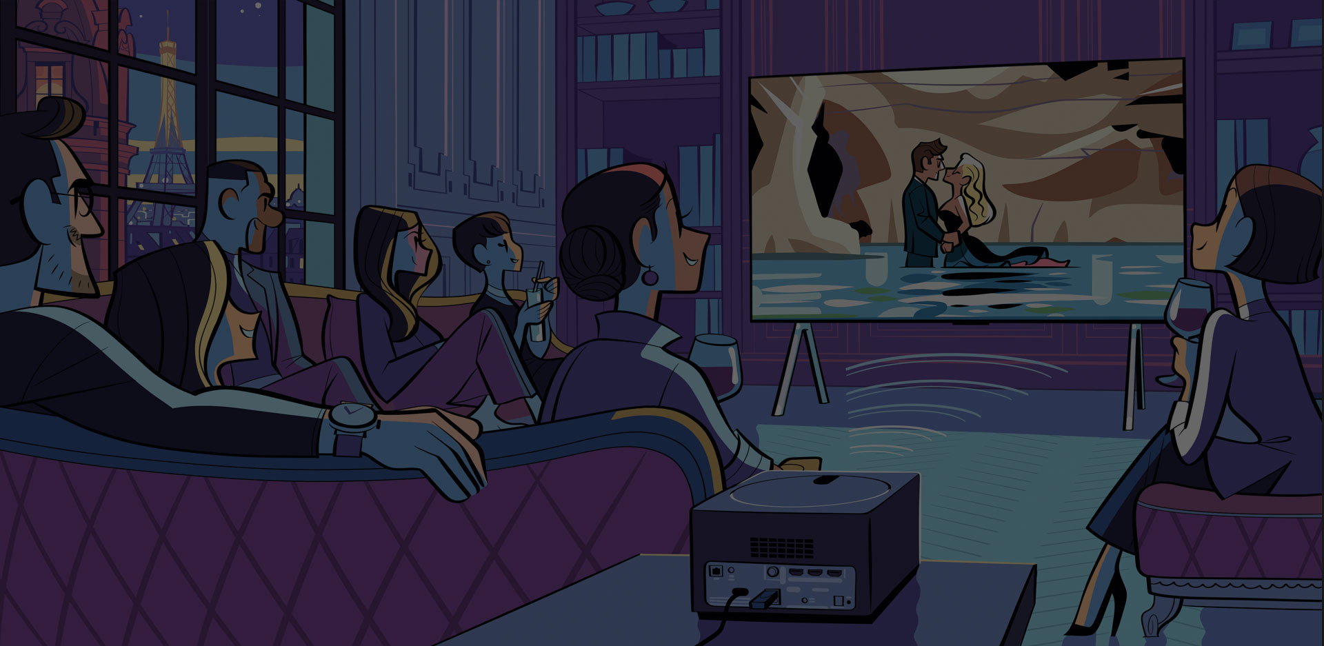 A group of people are enjoying a movie on the OLED M screen, while the Zero Connect Box is shown transmitting the contents of the screen in the foreground.