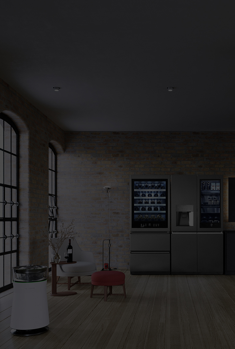 LG SIGNATURE Refrigerator and Wine Cellar are placed in the kitchen of the brick warehouse style with Flexform's furnishing items.