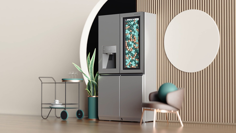 Front side view of LG SIGNATURE Refrigerator is on the floor with artistic props.