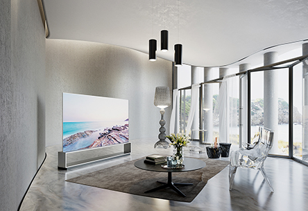 LG SIGNATURE OLED 8K is placed on the modern luxury living room with Kartell's furnishing items.