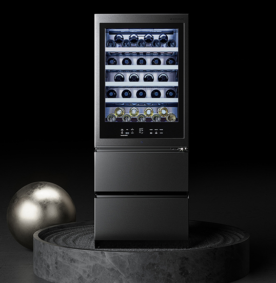 LG SIGNATURE Wine Cellar is standing in the marble circle with silver ball .