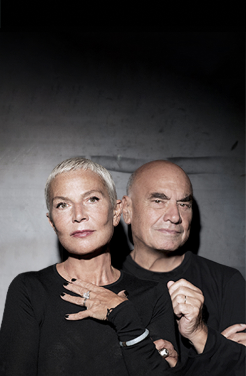 A black and white image of Massimiliano and Doriana Fuksas. (Image that appears when you hover the mouse over it)