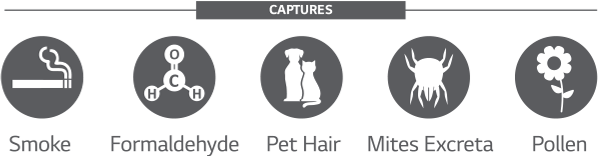 Icons showing smoke, formaldehyde, pet hair, mites excreta, pollen