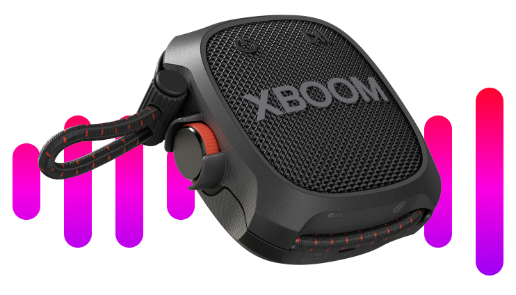 LG Portable XBOOM Speaker against background of soundwaves