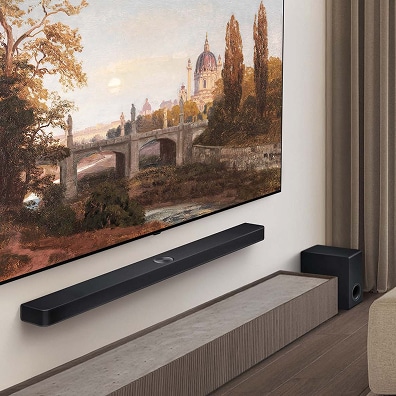 LG Soundbar mounted under TV playing a movie