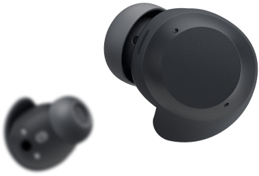 A pair of Xboom Buds, black on white background.