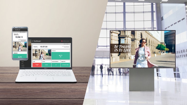 LG laptop and LG phone on the left and LG TV on the right