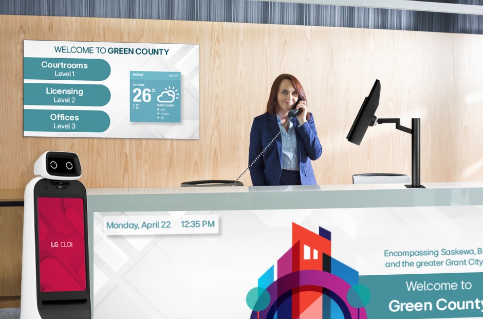 Greet, guide, and inform visitors with CLOi GuideBot and bold lobby signage