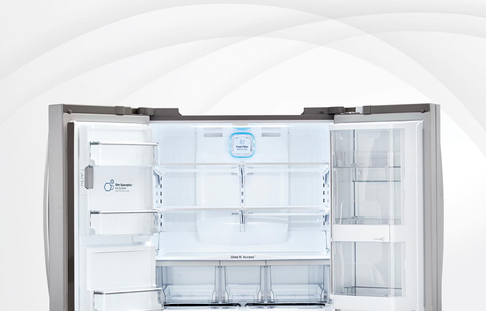 Shot of LG LMXS30776S with both top doors open%252C showing flexible%252C spacious interior storage.