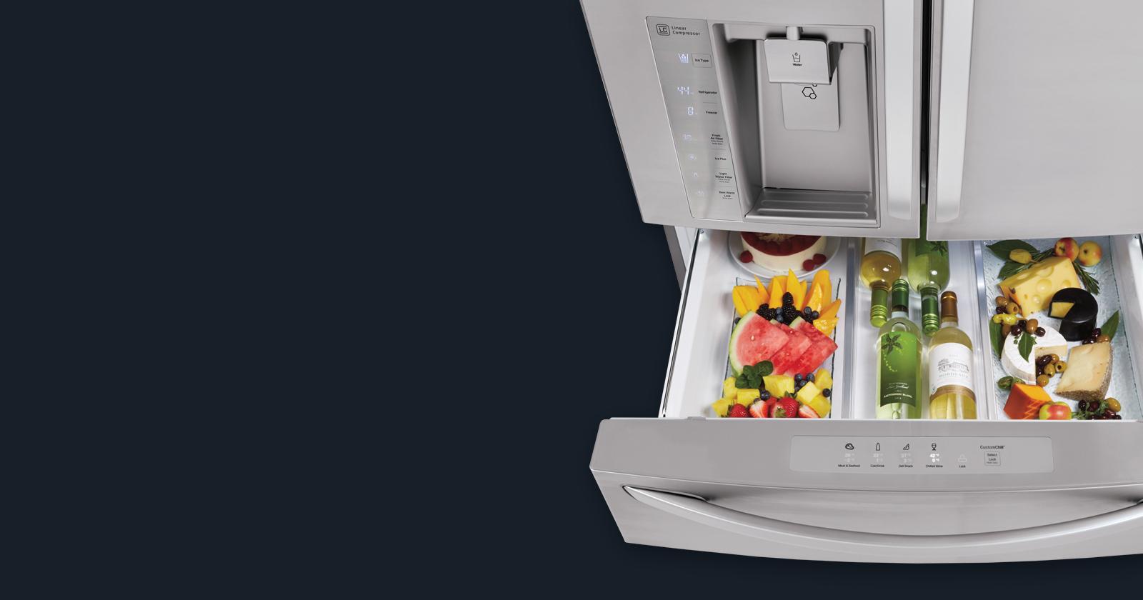 Top down shot of LG LMXS30776S with Custom Chill door open, showing food and beverages.