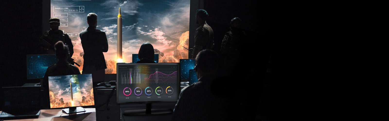 dark control room with people watching a rocket launch