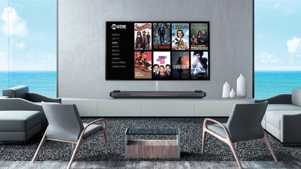 An LG smart TV in a public lounge area