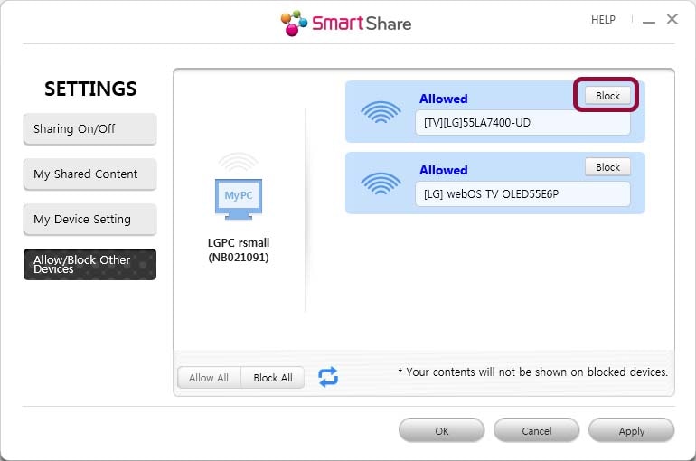 Smartshare screenshot of Block devices menu