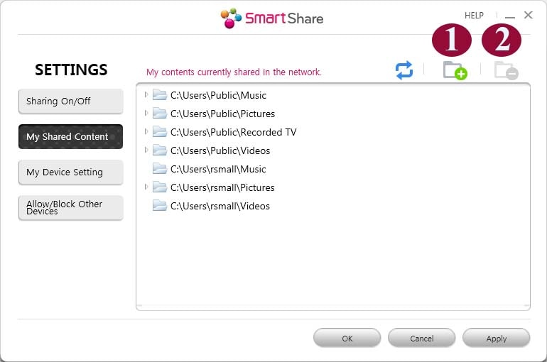 Smartshare screenshot of settings shared content menu