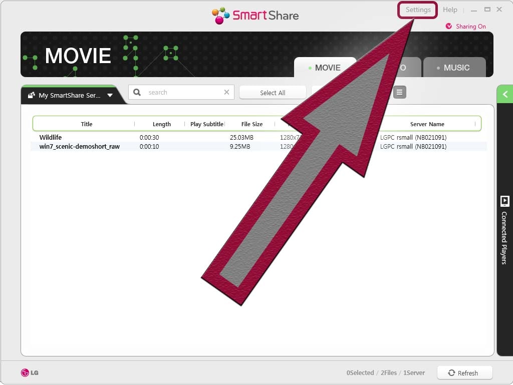 Smartshare screenshot of arrow pointing to settings menu in top right corner