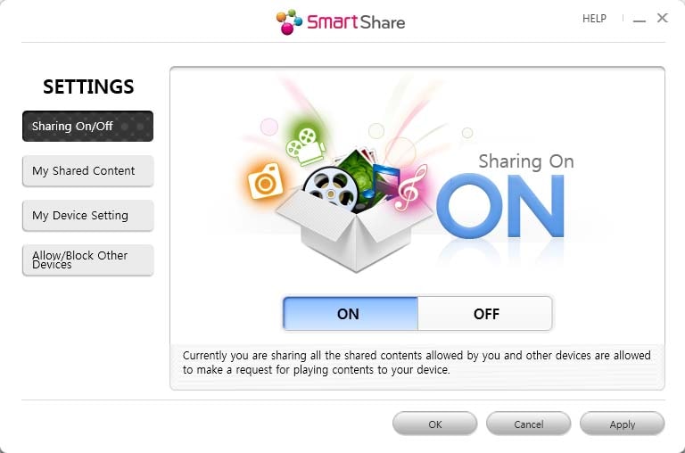 Smartshare screenshot of settings share on/off menu