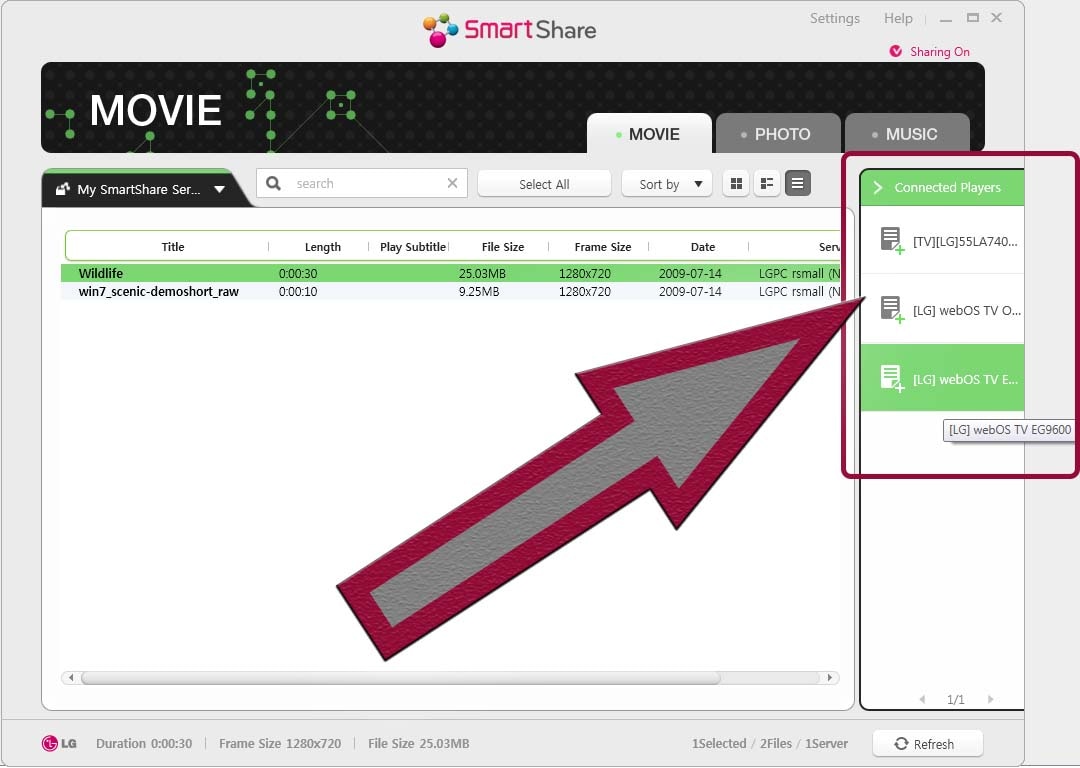 Smartshare screenshot of arrow pointing to choose player menu