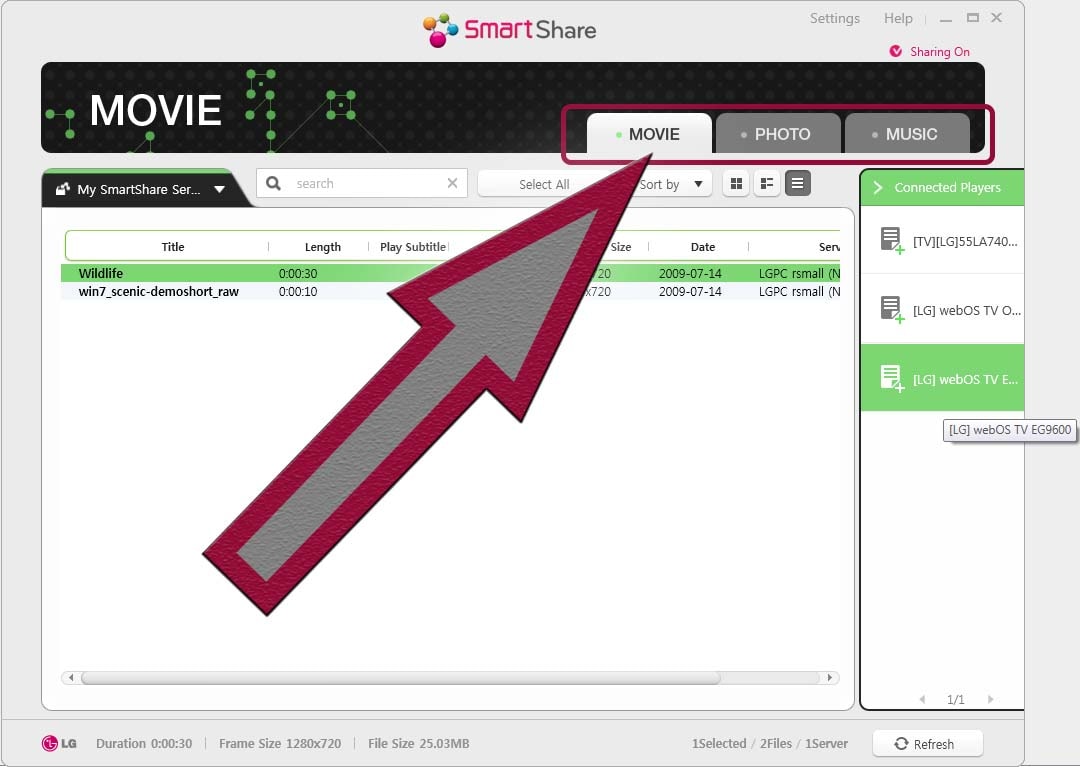 Smartshare screenshot of arrow pointing to media types