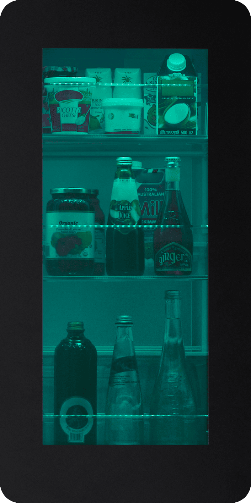 Close-up view of the LG InstaView® MyColor™ Refrigerator with vibrant LED color