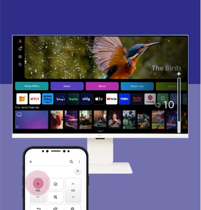 LG Smart Monitor webOS interface showing remote access using the ThinQ app.
