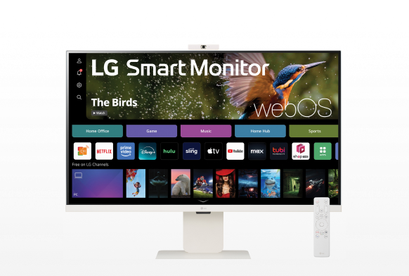 LG Smart Monitor 32SR85U-W on white background with remote displays webOS interface.