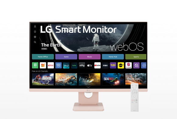 LG Smart Monitor 27SR50F-P on white background with remote displays webOS interface.