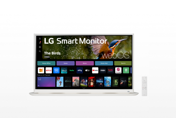 LG Smart Monitor 32SR70U-W on white background with remote displays webOS interface.
