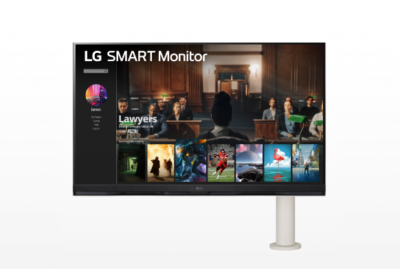 LG Smart Monitor 32SQ780S-W on white background displays a gallery of entertainment content.