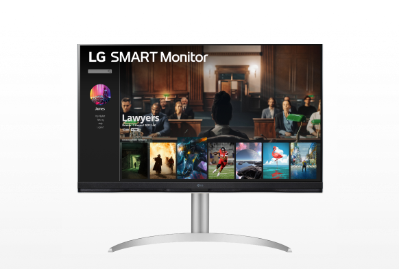 LG Smart Monitor 32SQ730S-W on white background displays a gallery of entertainment content.