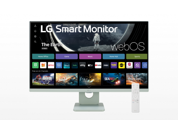LG Smart Monitor 27SR50F-G on white background with remote displays webOS interface.