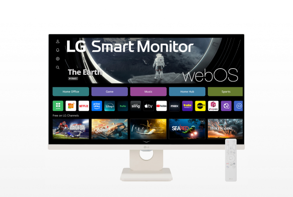 LG Smart Monitor 32SR53FS-W on white background with remote displays webOS interface.