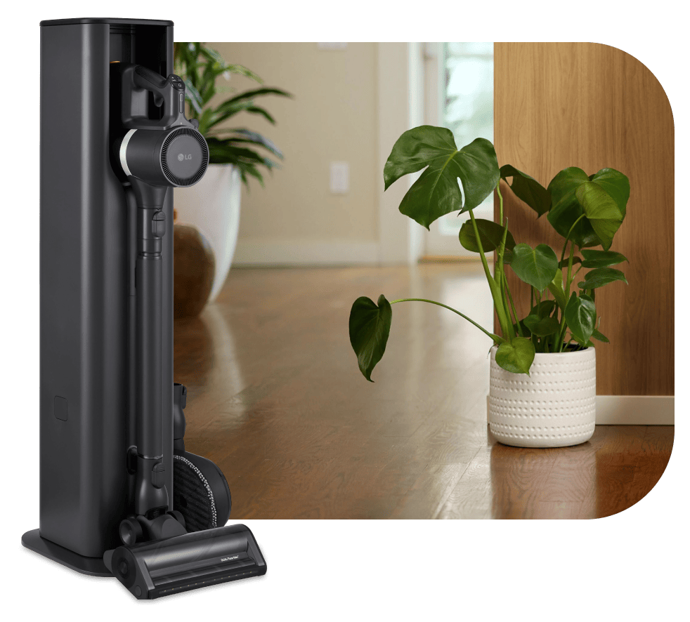 LG All-in-One Vacuum standalone docking station beside plant in home