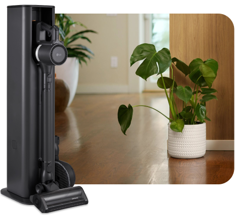 LG All-in-One Vacuum standalone docking station beside plant in home