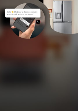 A smartphone with the LG ThinQ app has a notification that reads: “Hello! Char now to discover exclusive promotions & products just for you!” Next to it, is an image of an LG refrigerator in a modern kitchen.