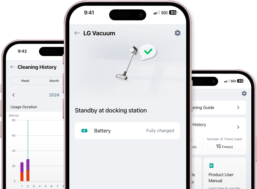 Phone screen displaying LG ThinQ app for Vacuum