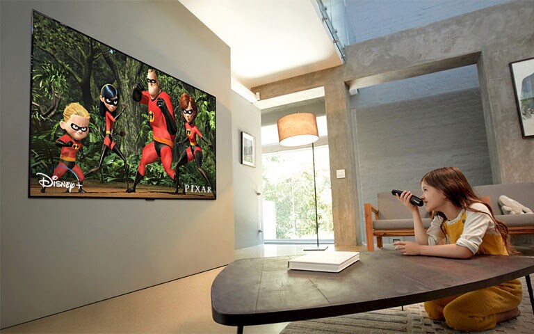 Child watching recommended programming from LG OLED ThinQ AI TV