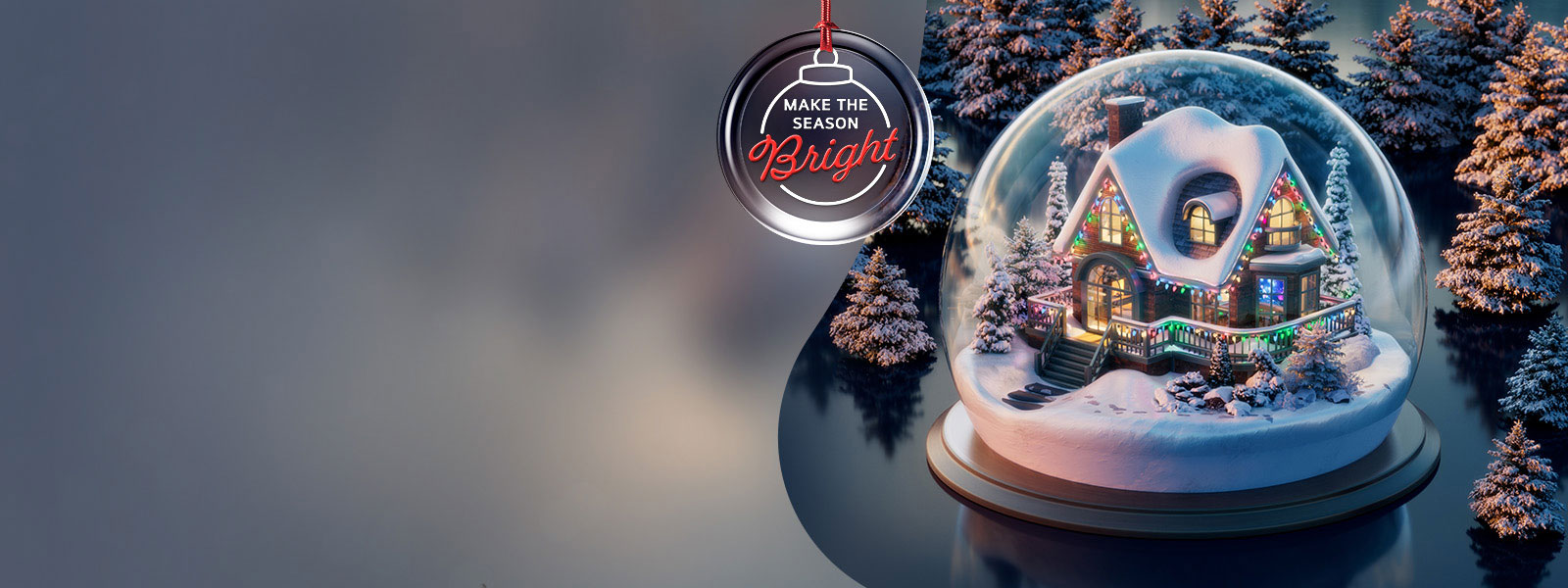 A snow-covered home decorated for the holidays inside a snow globe