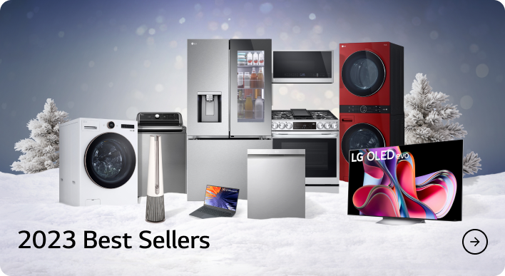 LG laundry, kitchen, air care, and laptop products in a festive snow bank