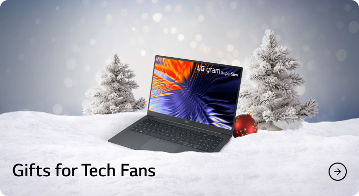 An LG gram SuperSlim OLED Laptop in festive snow bank