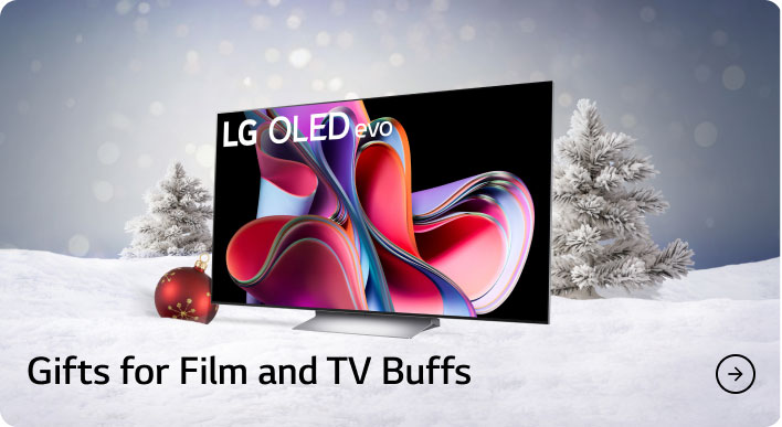 An LG OLED evo C3 TV in a festive snow bank