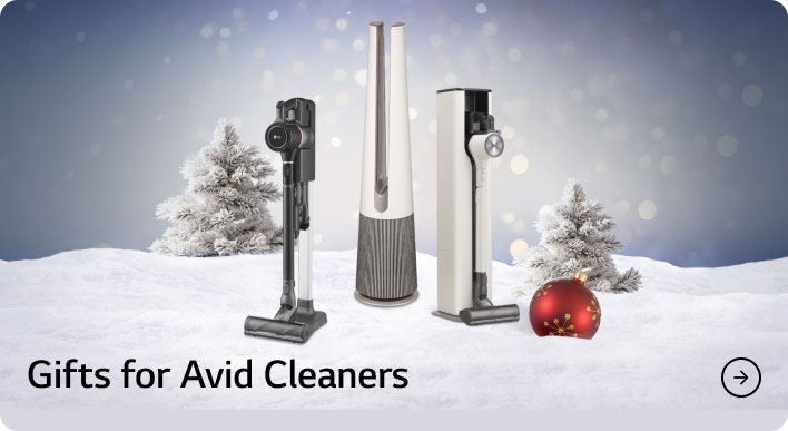 An LG CordZero Vacuum, AeroTower, and All in One Vacuum in a festive snow bank