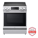 LG smart induction range with knob controls, in stainless steel. Next to it is the LG Reliability Badge that says, “Brought to you by America’s most reliable line of appliances.”